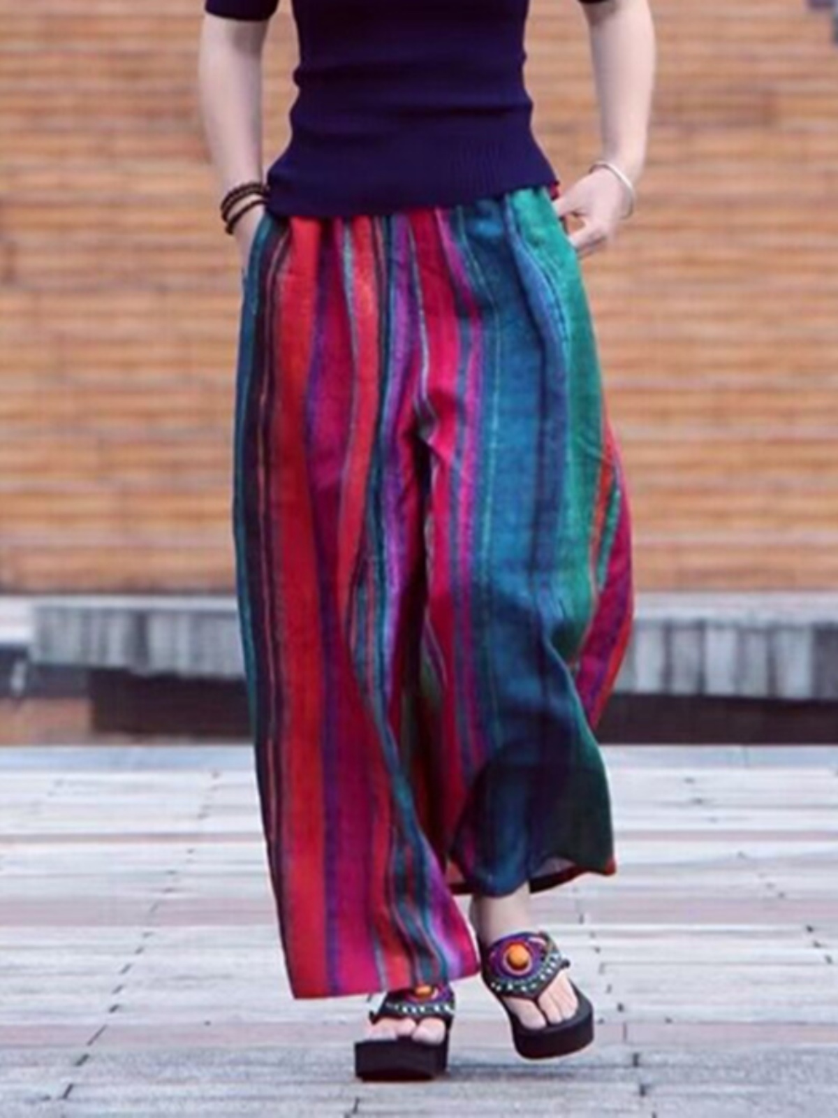 Ethnic Fashion Style - بنطلون نسائي صيفي واسع الساق بتصميم